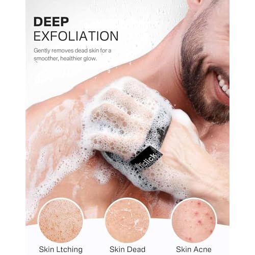 Yiclick Exfoliating Body Scrubber Exfoliator 2 Pack - Exfoliating Sponge, Shower Bath Sponge Loofah with Handle, Body Scrub Lufas Washcloth Net Brush for Women Men, Dead Skin Remover for Body