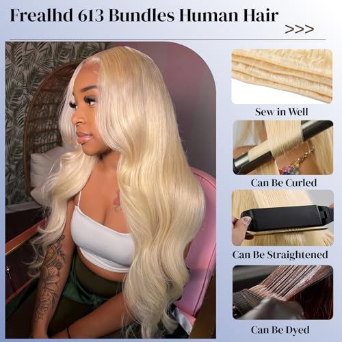 613 Blonde Bundles Human Hair Body Wave 16 inch, 16A Quick Weave Bundles Human Hair Sew in Extensions 100% Real Human Hair No Synthetic Blend, Double Weft, Triple Lifespan 3X, Can Be Dyed