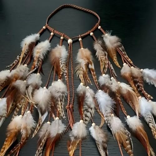 AWAYTR Feather Headband Women Festival Headwear Bohomia Feather Rope Crown Headdres For girls (White + Brown)