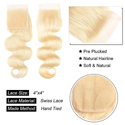 613 Human Hair Bundles Brazilian Body Wave Blonde Virgin Hair 3 Bundles with 4x4 Lace Closure Free Part Remy Hair Extensions for Women (14 16 18+12, #613)