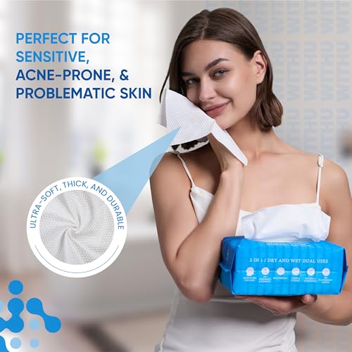 WITHU Disposable Face Towels, Ultra Soft, Biodegradable Makeup Remover Wipes, Hypoallergenic & Lint-Free Towelettes for Facial Cleansing, Multi-Use Dry Washcloths for All Skin Types/Family 240 Ct