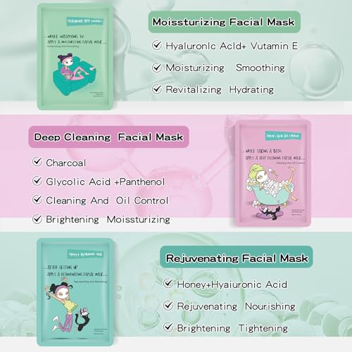 Face Masks Skincare Set for Girl,Moisturizing Collagen Facial Masks for Women Home Spa,Hyaluronic Acid Face Mask for All Skin Types,Day Night Facial Mask Hydrating,Deep Cleaning,Oil Contral(12Pack)