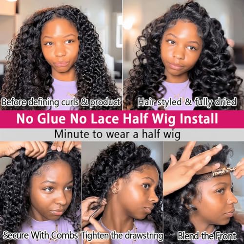 18 Inch Water Wave Half Wig Human Hair 200% Density Glueless 3-in-1 Seamless Flip Over Wear and Go Beginner Friendly Curly Half Wig Drawstring Headband Wig for Women