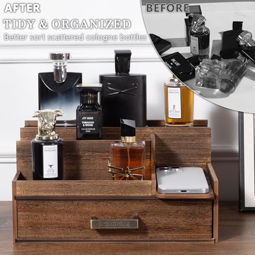 Cologne Organizer for Men, 3 Tier Perfume Display Stand with Drawer and Hidden Compartments, Stylish Wooden Mens Cologne Holder for Dresser Storage, Great Gift for Men/Fathers, Deep Brown