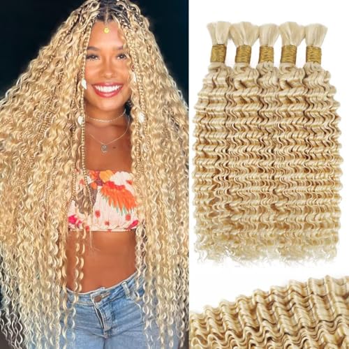 160g 5 Bundles/Pack 613 Blonde Human Braiding Hair for Boho Braids 20 Inch Curly Boho Hair for Braiding Knotless 12A Deep Wave Bulk Bohemian Color 613