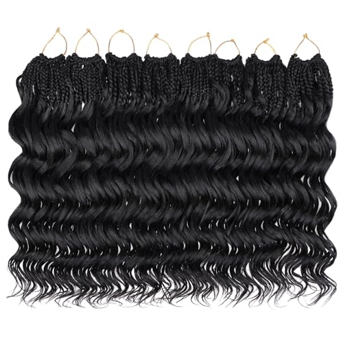 Leeven 14 Inch Pre Looped Ocean Wave Crochet Braids 8 Packs Black Short Curly Crochet Hair Boho Ocean Braids Pre Twisted Synthetic Deep Wavy Crochet Hair for Women