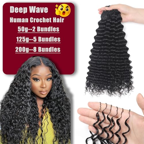 Human Crochet Hair for Black Women 22 Inch 125g Deep wave Crochet Human Hair Bundles Pre-Separated Feather Crochet Human Hair Deep Wavy Invisible Crochet Hair Extensions 100 Strands Natural Black