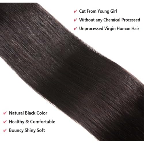 Straight Bundles Human Hair with 4X4 Lace Closure 20 22 24 with 18 Inch 100% Unprocessed Virgin Human Hair Bundles with Swiss Lace Closure Free Part Natural Color