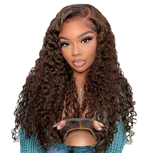 Chocolate Brown Wig 4x4 Hd Lace Front Wig For Black Women Wear And Go Glueless Wigs Human Hair Pre Plucked Pre Cut Colored Water Wave Wavy Chocolate Brown Glueless Wigs Curly Wig Human Hair #4 22inch