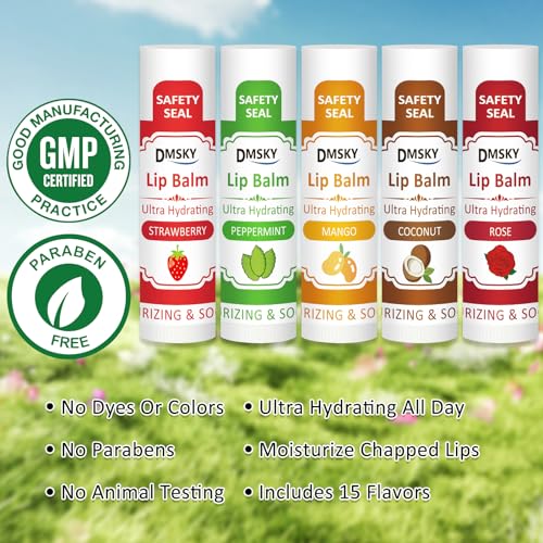 DMSKY 30 Pack Lip Balm, Natural Lip Balm Bulk with Vitamin E and Coconut Oil, Moisturizing Soothing Chapped Lips-15 Flavors