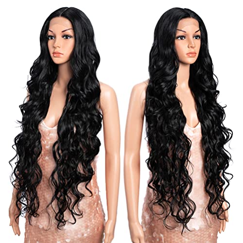 Style Icon 36" Lace Front Wigs Multi-Layered Super Long Big Curl Black Wigs With Baby Hair 130% Density Heat Resistant Fiber Synthetic Wig (36 Inch, 1B)