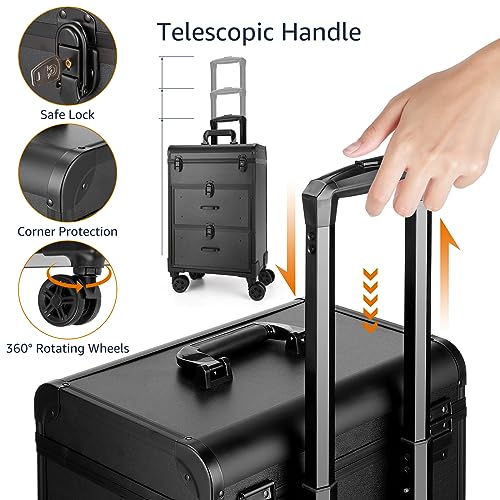 Yokilly Rolling Makeup Train Case, Professional Cosmetology Case on Wheels, Aluminum Cosmetic Trolley Travelling Cart Trunk with Swivel Wheels, Sliding Drawer & Keys for Nail Technician Stylist(Black)