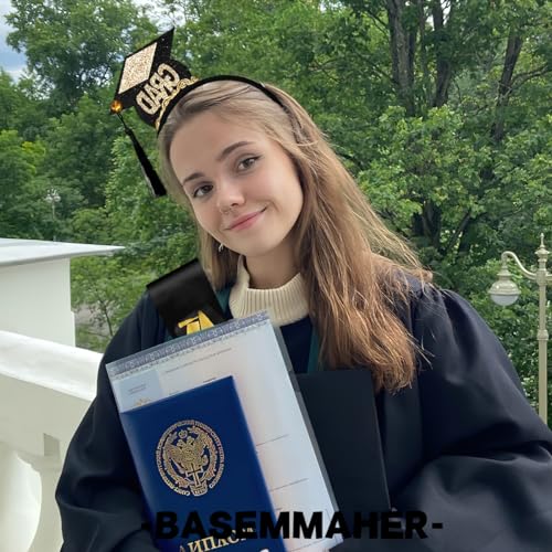 Graduation Headband and Shoulder Straps for Congrats Grad Party Supplies Bachelor Cap Headband with Doctoral Hat Black Sash Satin Tassels Tiaras for Graduation Party Dress up Favor Photo