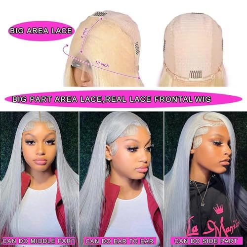 Long 32 Inch Silver Grey Lace Front Wigs Human Hair 13x4 Straight Grey HD Transparent Lace Front Wig Human Hair Wear and Go Glueless Wig Pre Plucked with Babyhair Hd Lace Frontal Wigs For Black Women