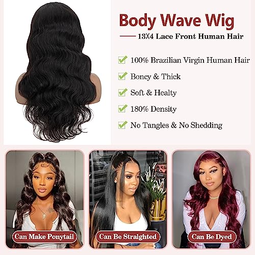 Benehair 22 Inch Body Wave Lace Front Wigs Human Hair 13x4 Lace Frontal Glueless Wigs Human Hair Pre Plucked with Baby Hair 180% Density Human Hair Wigs for Black Women Natural Black