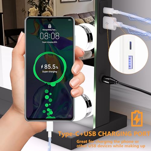 Hasipu Vanity Mirror with Lights, 32" x 24" Hollywood Mirror, Makeup Mirror with 17 Dimmable Bulbs and 10X Magnification, 3 Colors Modes, Touch Control, USB Charging Port, Type-C (Square Black)