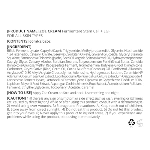 ZOE Anti-Aging Skincare Stem Cell Cream + EGF for Face, Neck, and Decollete - 60ml/2.02 fl.oz