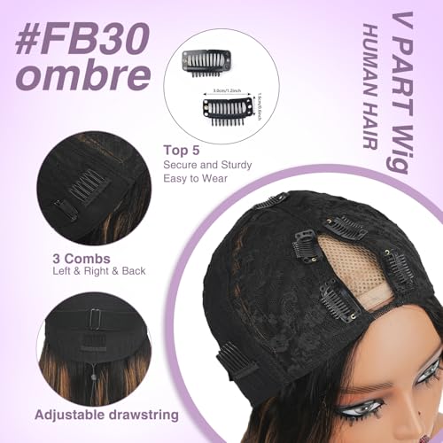 CHEETAHBEAUTY FB30 Ombre V Part Wig Human Hair 8Inch No Leave Out Upgrade Straight U Part Wig Highlight Blonde No Glue Brazilian Virgin Straight Human Hair Wigs for Women Colored Brown 180% Density