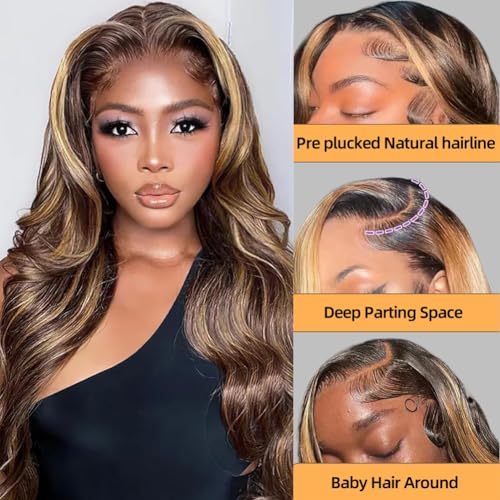 Sunelk Honey Blonde Ombre Lace Front Wig Human Hair Highlight Body Wave Lace Front Wigs Human Hair Pre Plucked 200 Density Glueless Wig 13X6 HD Lace Frontal Wig for Women 4/27 Colored 28 Inch