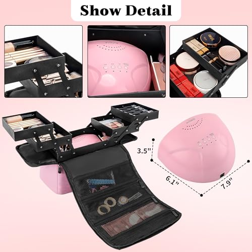 Makeup Travel Train Case, Black Makeup Carrying Organizer Bag, 4 Tier Professional Organizer Case with Straps Pockets for Make Up Tools