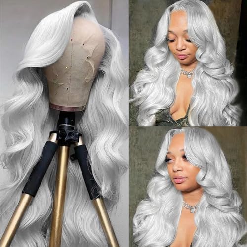 13x6 Lace Front Wig Human Hair, 180% Density Mini Knots HD Invisible Lace Wig for Women Free Part Glueless Silver Grey Colored Human Hair Wigs Long 34 Inch