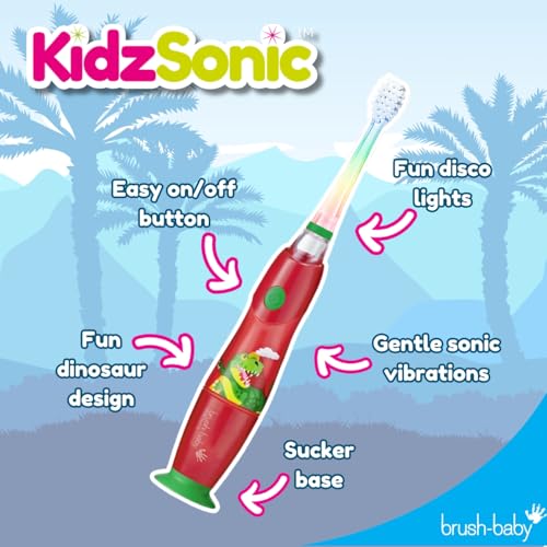 brush-baby - KidzSonic Dinosaur Kids Electric Toothbrush for Ages?3+ with Disco LED Lights, Gentle Sonic Vibrations, 2-Minute Smart Timer & 30?Second Pulse Reminders ? AAA Battery Included