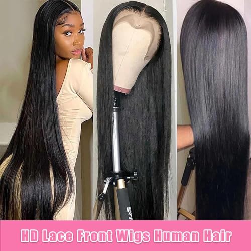 Straight Lace Front Wigs Human Hair Pre Plucked 200 Density 13x4 HD Transpatent Human Hair Wigs for Black Women Straight Lace Frontal Wigs Natural Color (32inch)