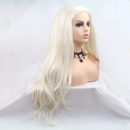 xiweiya White Blonde Synthetic Blonde Lace Front Wigs Long Body Wave Hair White Queen Heat Resistant Fiber Wig High Density Hair-reparement Wig for women
