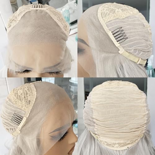 RONGDUOYI 24Inch Grey Mixed White Natural Wave Wig for Women Highlight Lace Front Wig with Natural Hairline Free Part Synthetic Daily Wear Wig