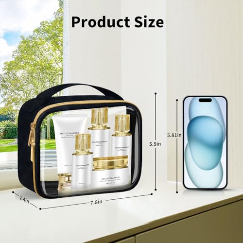 TSA Approved Travel Toiletry Bag,2 Pack Clear Makeup Bags with Handles,Quart Size Clear Cosmetic Bags for Traveling Women,Men,Carry on Airport Airline Compliant Bag,Black