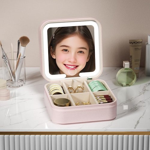 KEMISSY Small Travel LED Makeup Mirror Case Cosmetic Train Case Makeup Organizerwith 3 Adjustable Color Light Settings for Women (Pink)