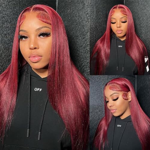 NICY Cherry Red Burgundy 99J Colored 13x4 Lace Frontal Wig Malaysian Straight Transparent Lace Front Human Hair Wigs Pre-Plucked(20inch, 13X4)