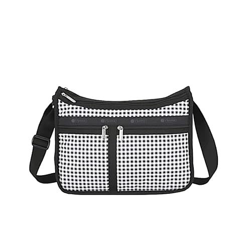 LeSportsac Gingham Check Noir Deluxe Everyday Crossbody Bag + Cosmetic Bag, Style 7507/Color U254, Sleek Black & Crisp White Unite in Bold Modern Classic Gingham Check, Sophisticated & Elegant