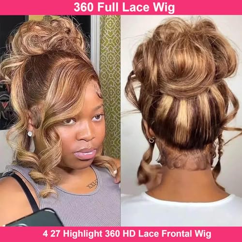Highlight 360 Body Wave Lace Front Wigs Human Hair, 250 Density Ombre Honey Blonde Lace Front Wigs for Women, 4/27 Glueless 360 HD Lace Frontal Wig 26 Inch, Gifts for Birthday, Travel, Party