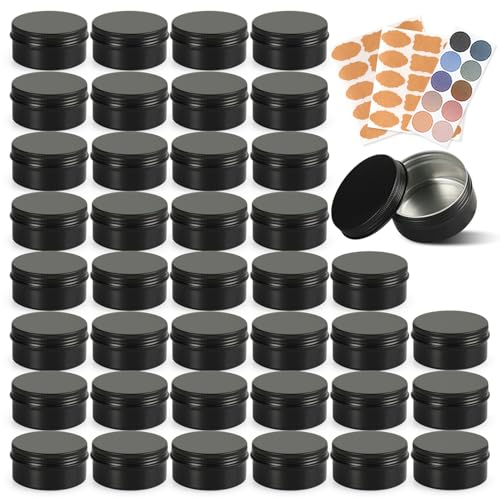 3oz Black Aluminum Tin Containers with Screw Lids, 40 Pack Refillable Cosmetic Jars, Round Salve Tins, Tea Cans, Bulk Food Storage Jars, Candle Travel Tins