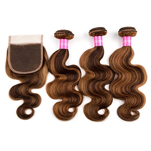 Ombre Body Wave Highlight Bundles with Closure 3 Bundles with 4x4 Lace Closure Free Part Virgin Brazilian Hair Weave (10 12 14+8, P4/27)