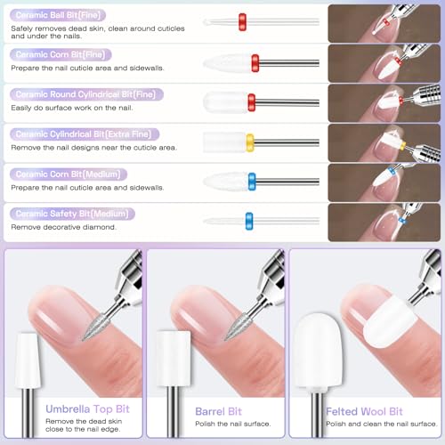 30PCS Nail Drill Bits Set with Holder Case, 3/32 Inch Professional Efile Cuticle Nail Bits for Nail Drill, Ceramic Diamond Carbide Drill Bits for Acrylic Gel Removal Polish Nail Tech (Purpe)
