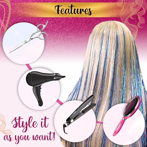 Andou | 14 Colors | Up To 6800 Strands | Heat Resistant Hair Tinsel Kit For Girls, Women & Kids | 48 Inch | One Wooden Threader & Crochet | One Plier | Two Hair Clips | Two Hundred Beads