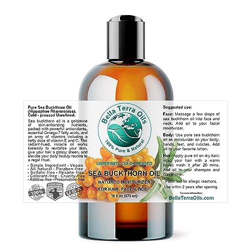 Bella Terra Oils - Sea Buckthorn Oil 16 oz - Capturing the Essence of Organic Sea Buckthorn Berries, Loaded with Omega-7 & Omega-9, A Sumptuous Embrace for Skin