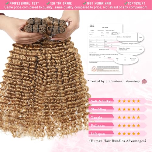 Blonde Deep Wave Human Hair Bundles 12A #27 Colored Deep Curly Human Hair 3 Bundles 18 20 22 Inch Honey Blonde Wet and Wavy Bundle for Black Women