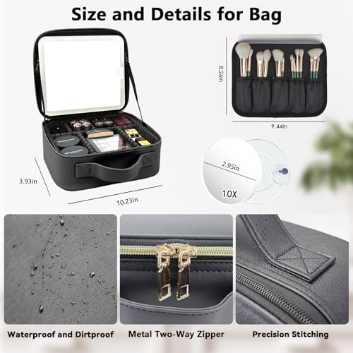 Travel Makeup Bag with LED Mirror and 10x magnifying glass with 3 Lighted Settings, Adjustable Dividers and Makeup Brush Storage Bag Black