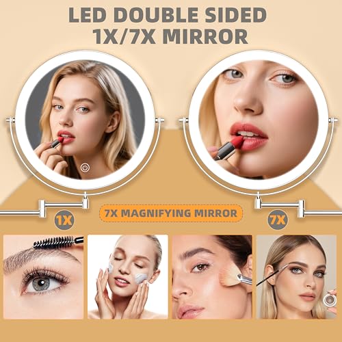 10" Wall Mounted Makeup Mirror with Light, 3000mAh Rechargeable Double Sided 1X / 7X Magnifying Vanity Mirror, 3 Color Lights Touch Dimmable 360¡Æ Rotation Bathroom Mirror, Chrome