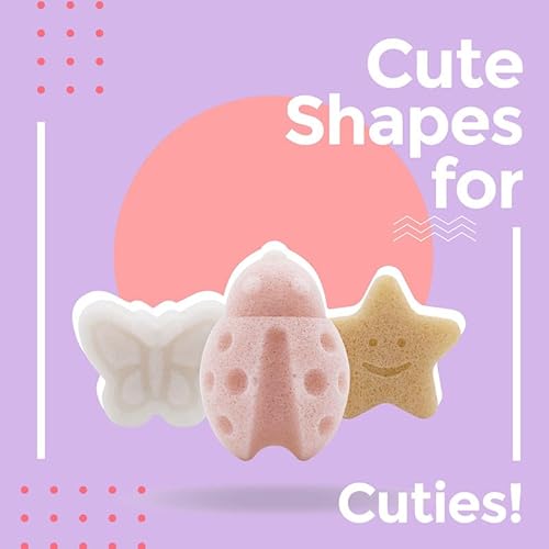 myHomeBody Konjac Baby Sponge for Bathing, Cute Shapes Natural Kids Bath loofah for Infants, Toddler, Newborns, Safe Plant-Based, 3pc. Set: Butterfly, Ladybug, Star
