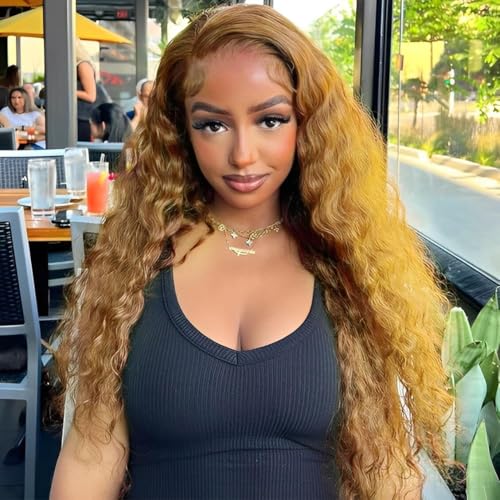 Honey Blonde Wig Human Hair 27#Color Deep Wave Lace Front Wig Human Hair Pre-Plucked Curly Blonde 13x6 HD Lace Front Wig 180% Density For Women(starxiu)