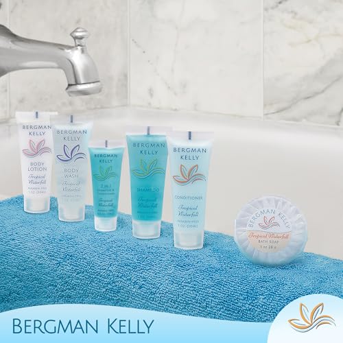 BERGMAN KELLY - Hotel Soap Bars in Bulk - Tropical Waterfall, 1 oz, 200 PK - Small Individually Wrapped Round Soap - Travel Size Mini Toiletries for Airbnb, Motel, Guest Bathroom