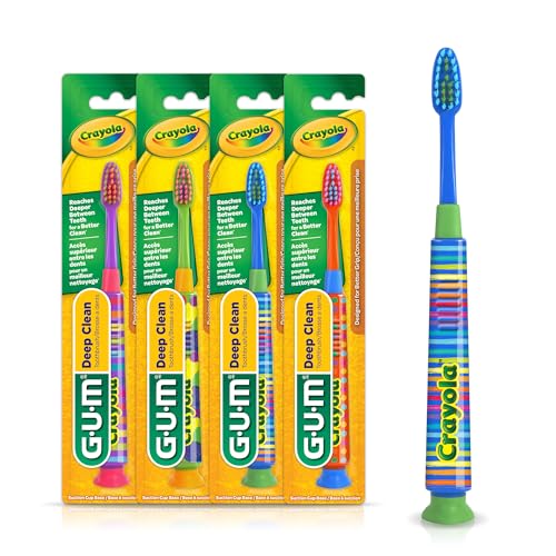 GUM Crayola Deep Clean Children¡¯s Toothbrush, Extra Soft Toothbrush for Kids, Suction Cup Base, Ages 4+, 1 Count(Pack of 4)