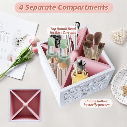 360 Rotating Makeup Brush Holder with Butterfly Cutout, Wooden Makeup Organizer for Vanity - 4 Compartment Spinning Desk Organizer for Pens, Lipsticks, Eyebrow Pencils