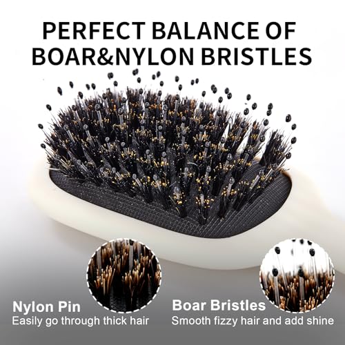 Mini Boar Bristles Hair Bursh, Travel Size Hair Brush for Women Men Kids, Protable Small Hair Brush for Pockets Purses, Mini Detangler Brush for Smooth Add Shine(White)