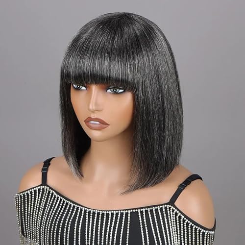 soul lady Chic Glueless Layered Wigs With Bangs Dark Salt & Pepper Straight Human Hair Real Wear To Go Wigs For Women Natural and Silver Grey Wear and Go Bob Wig Natural and Gray 12 Inch