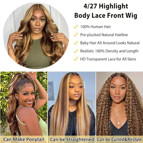 Human Hair Wig 30 Inch 13x4 Ombre Body Wave Lace Front Wigs Human Hair Honey Blonde Wig Pre Plucked with Baby Hair 200 Density 4/27 Highlight Glueless Human Hair Wigs for Black Women